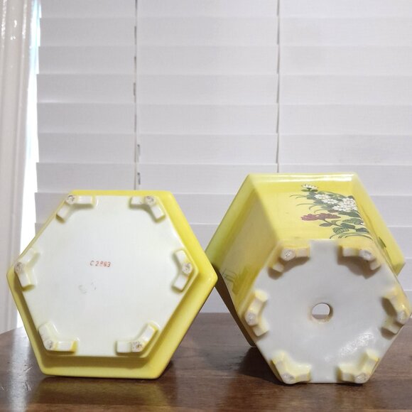 Vintage Yellow Floral Japanese Flower Pot w/Drip Tray 5.5"H - Picture 7 of 9